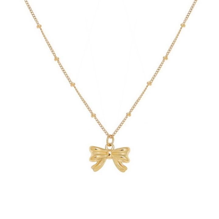 Stainless Steel Classic Gold Color Bowknot Pendant Necklace for Women