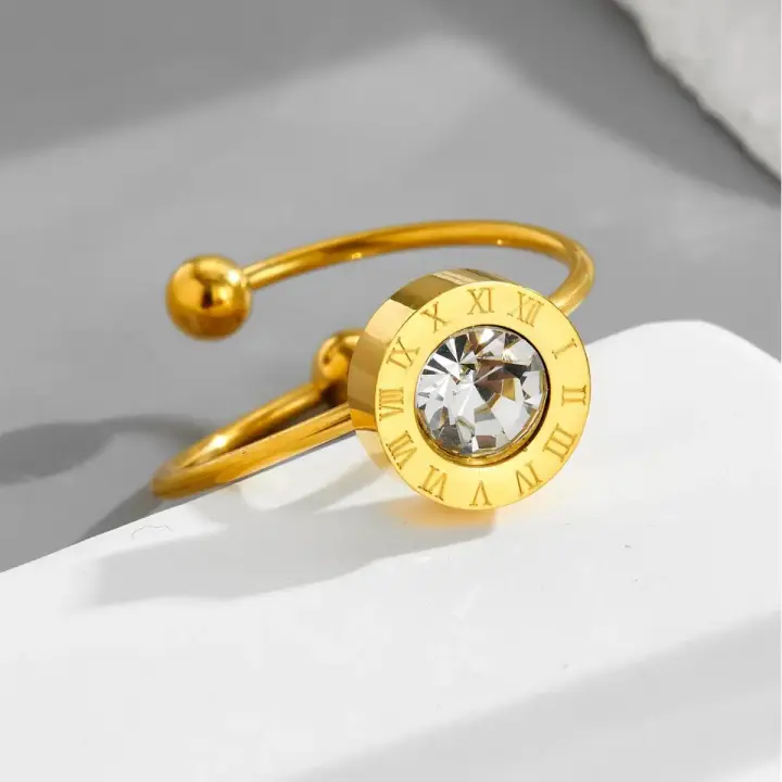 Afirstee Stainless Steel Roman Number Ring – Gold Color with Cubic Zirconia for Women