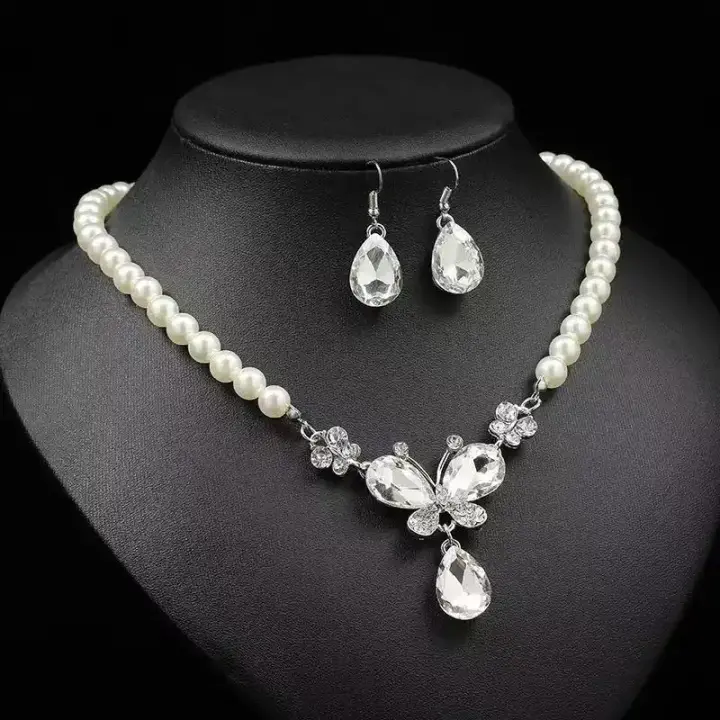 European & American Style Pearl Jewelry Set – Bridal Gem Necklace & Earrings