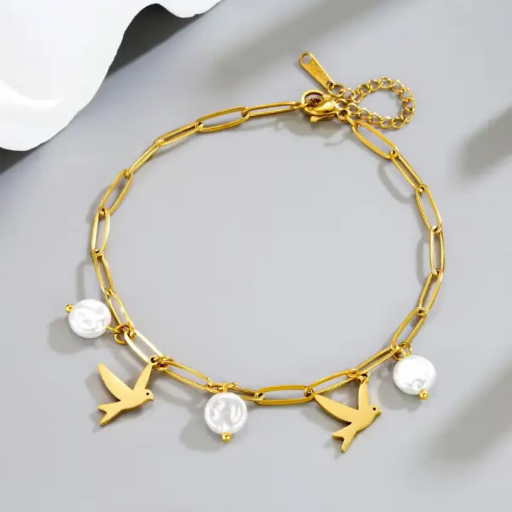 Gold Plated Bird & Pearl Charm Anklet – Elegant Chain Jewelry for Women