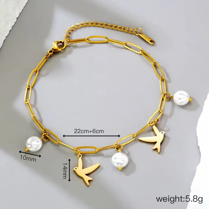 Gold Plated Bird & Pearl Charm Anklet – Elegant Chain Jewelry for Women